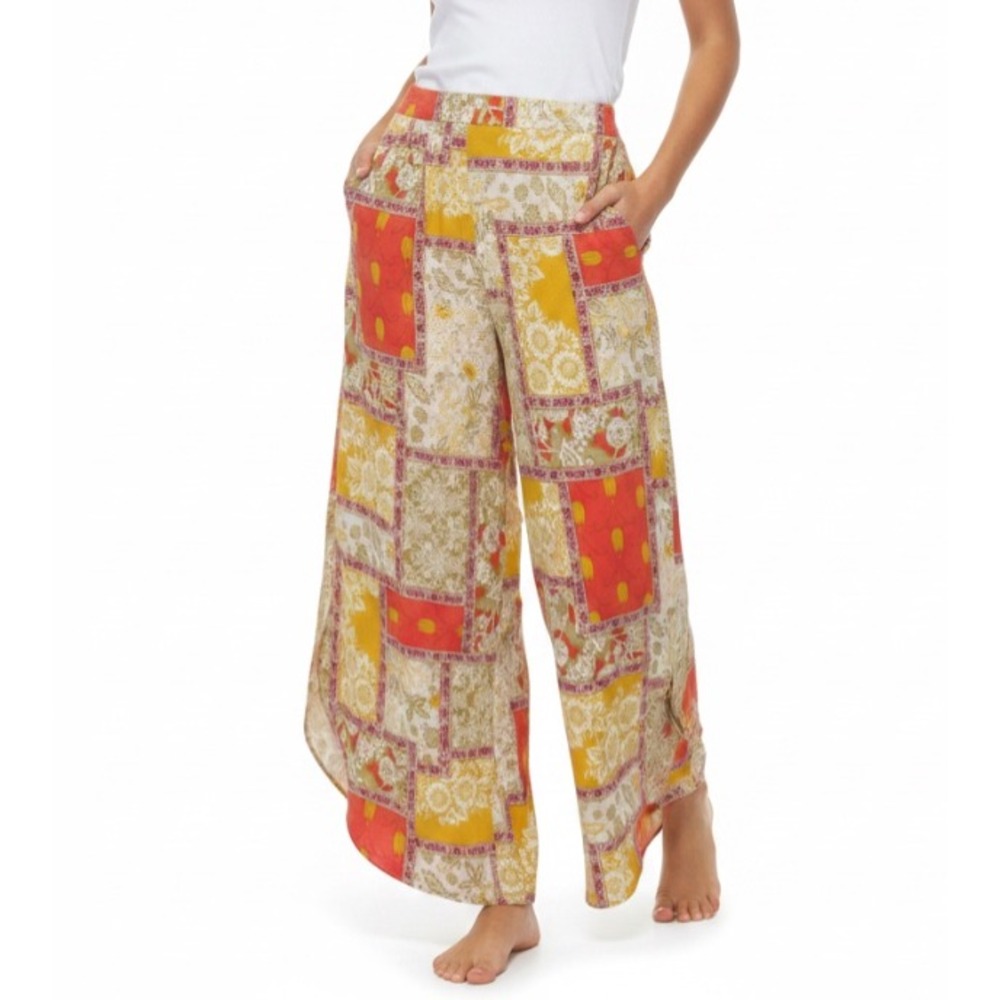 AND THE WHY Multicolor FLORAL PATCHWORK Smock Waist WIDE SLIT LEG Pants Sz S